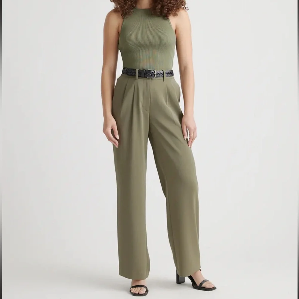 NWT 💚 QUINCE Olive Stretch Crepe Pleated Wide Leg Pants; Size 6, 30L - Picture 2 of 16